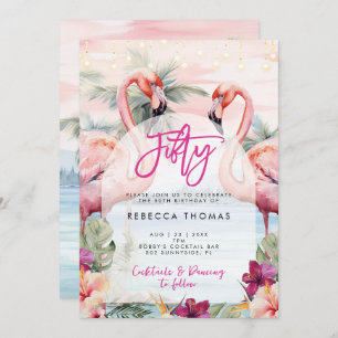 Tropical flamingo fifty birthday party invitation