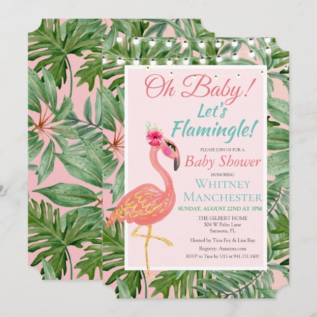 Tropical Flamingo Flamingle Baby Shower Invitation (Front/Back)
