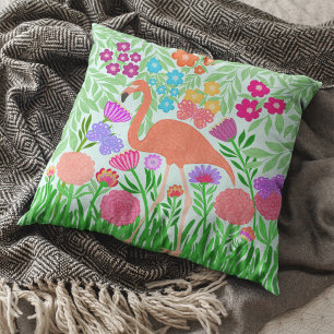 Tropical Flamingo Floral Butterfly Garden Art Throw Pillow