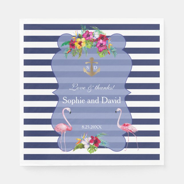 Tropical Flamingo Floral Luau Navy Stripes Wedding Napkin (Front)