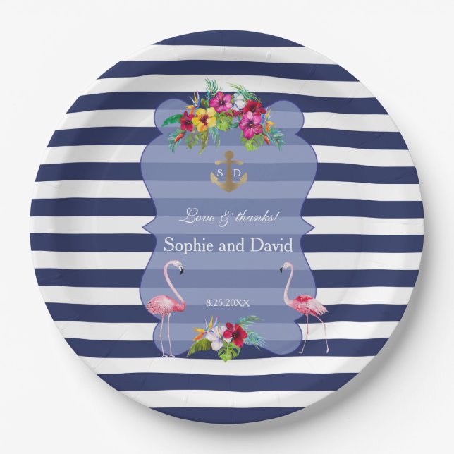 Tropical Flamingo Floral Luau Navy Stripes Wedding Paper Plate (Front)