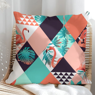 Tropical Flamingo Geometric Pattern (Coral & Teal) Throw Pillow