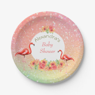 Tropical Flamingo Glitter Floral Baby Shower Paper Plate