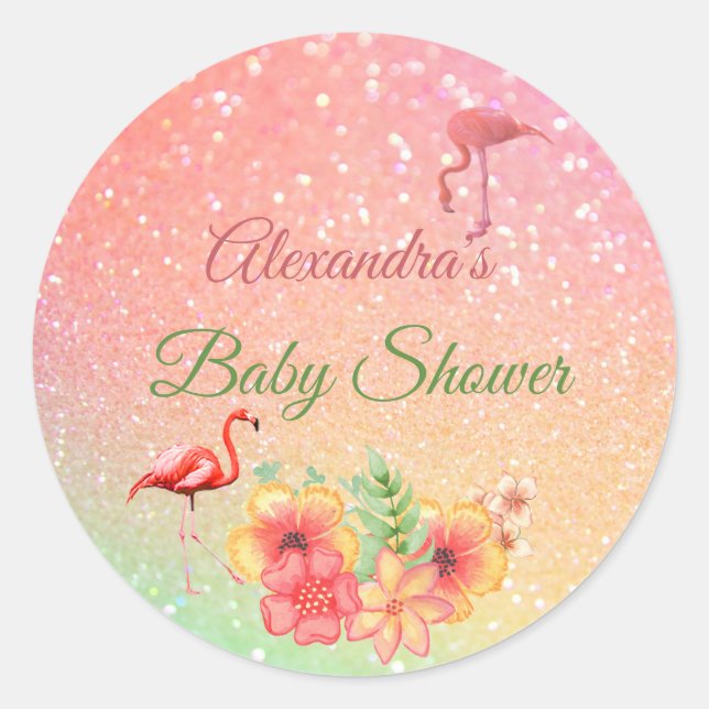 Tropical Flamingo  Glitter Pink Baby Shower Classic Round Sticker (Front)