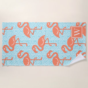 Tropical Flamingo Greek Key Coral & Turq Monogram Beach Towel