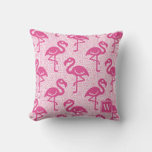Tropical Flamingo Greek Key - Hot Pink Monogram Throw Pillow
