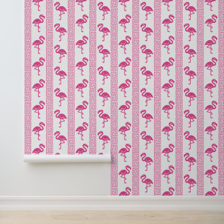 Tropical Flamingo - Greek Key Hot Pink & Pink Wallpaper