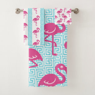 Tropical Flamingo - Greek Key Hot Pink & Turqouise Bath Towel Set