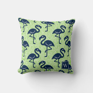 Tropical Flamingo Greek Key - Lime & Navy Monogram Throw Pillow