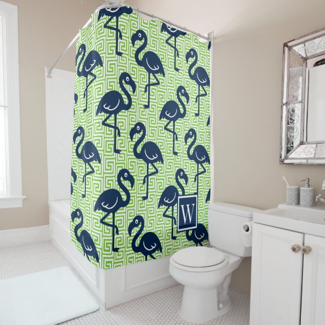 Tropical Flamingo - Greek Key Navy & Lime (In Situ)