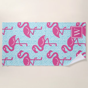 Tropical Flamingo Greek Key Pink & Turq Monogram Beach Towel