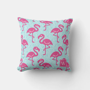 Tropical Flamingo Greek Key - Pink & Turq Monogram Throw Pillow
