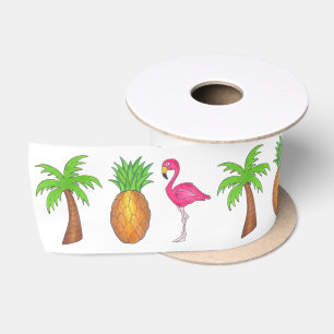 Tropical Flamingo Green Palm Tree Pineapple Island Satin Ribbon
