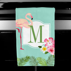 Tropical Flamingo Hibiscus Monogram Initial Hand Towel