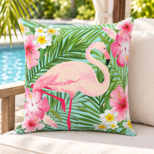 Tropical Flamingo Hibiscus Palm Aqua Outdoor Pillow