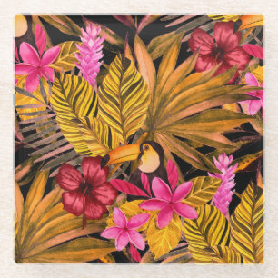 Tropical Flamingo: Hibiscus Summer Pattern Glass Coaster