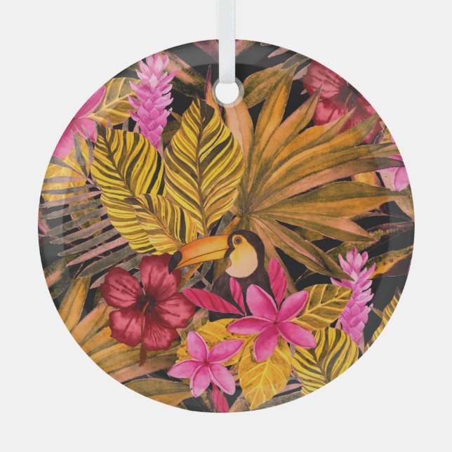 Tropical Flamingo: Hibiscus Summer Pattern Glass Ornament (Front)