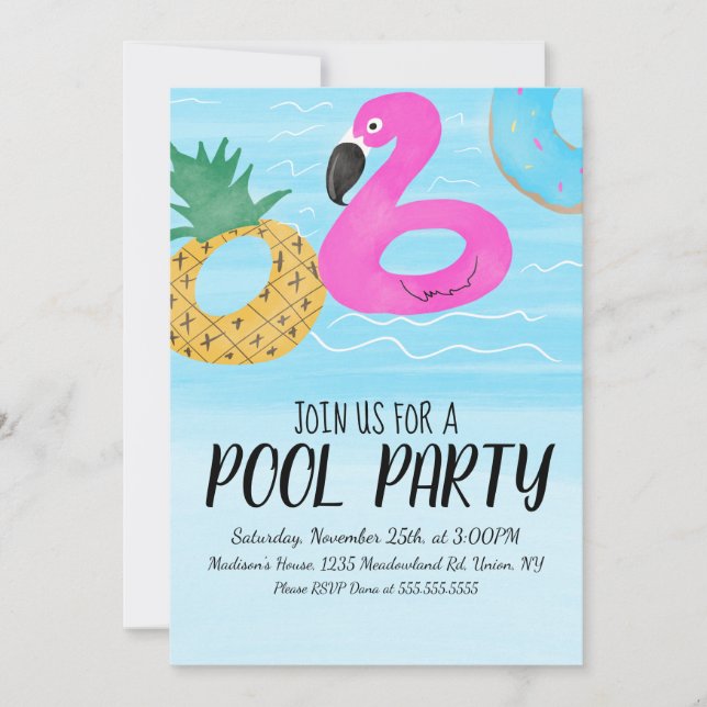 Tropical Flamingo Inflatable Ring Party Birthday I Invitation (Front)