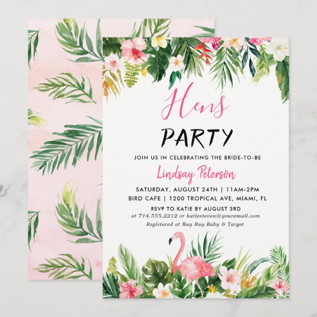 Tropical Flamingo Luau Hens Party Invitation Card (Front/Back)