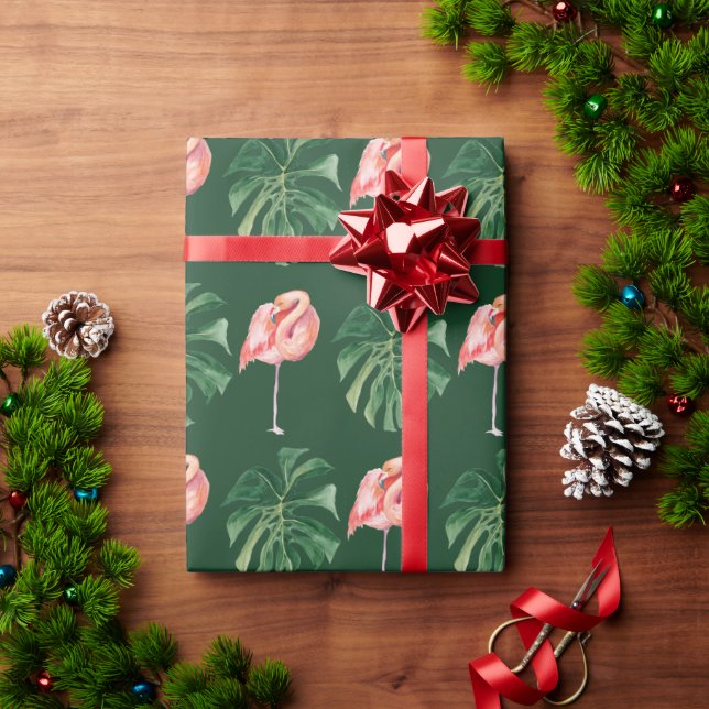 Tropical Flamingo & Monstera Leaf  Greenery Gift Wrapping Paper (Holiday Gift)