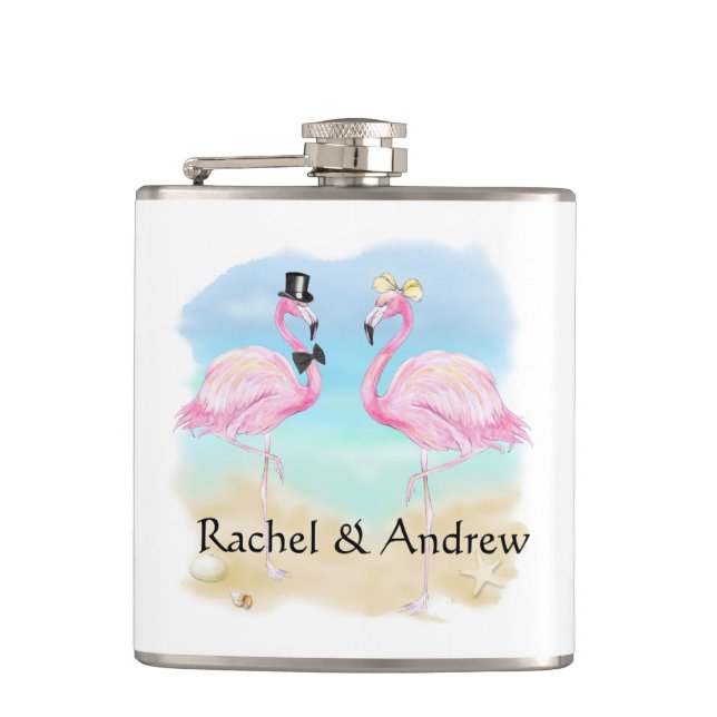 Tropical Flamingo Newlywed Vinyl Wrapped Flask (Front)