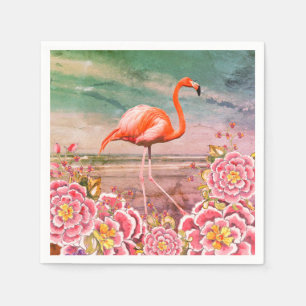 Tropical Flamingo on Beach & Oriental Pink Flowers Napkin