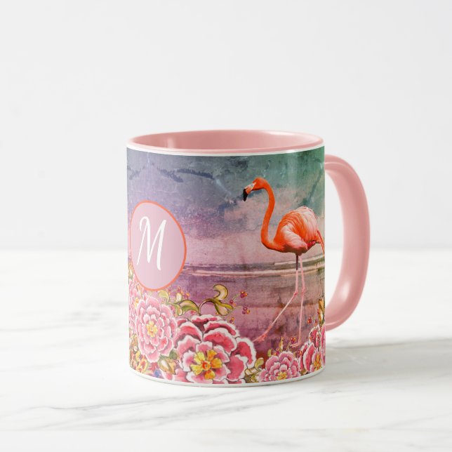 Tropical Flamingo on Beach, Pink Flowers, Monogram Mug (Front Right)