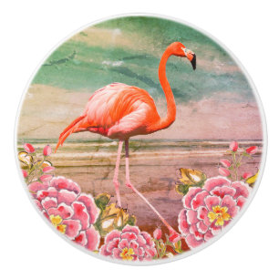 Tropical Flamingo on Beach w/ Pink Flowers Teal Ceramic Knob