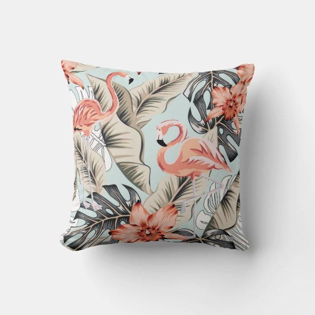 Tropical flamingo, orchid, monstera pattern. throw pillow (Front)