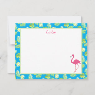 Tropical Flamingo Palm Branches Blue Stationery Card