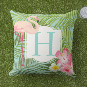 Tropical Flamingo Palm Hibiscus Monogram Initial Outdoor Pillow
