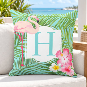Tropical Flamingo Palm Hibiscus Monogram Initial Outdoor Pillow