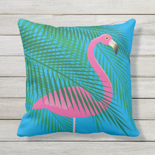 Tropical Flamingo & Palm Leaves on Blue - Outdoor Outdoor Pillow