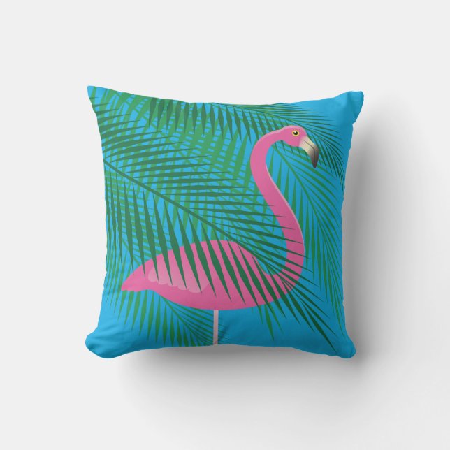 Tropical Flamingo & Palm Leaves on Blue - Outdoor Pillow (Front)