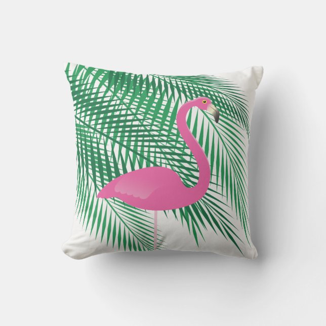 Tropical Flamingo & Palm Leaves on White - Outdoor Throw Pillow (Front)