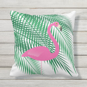 Tropical Flamingo & Palm Leaves on White - Outdoor Throw Pillow
