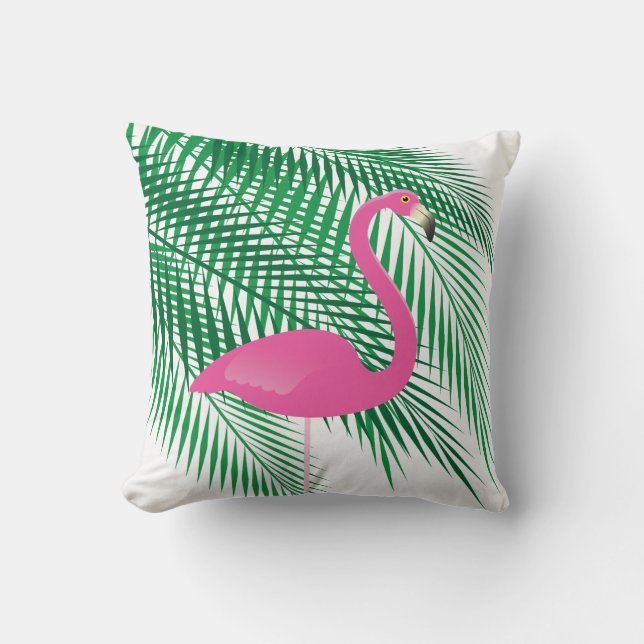 Tropical Flamingo & Palm Leaves on White Throw Pillow (Front)