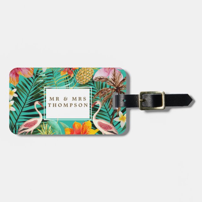 tropical flamingo palm trees luggage tag label (Front Horizontal)