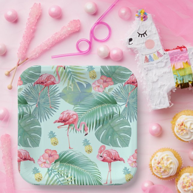 Tropical Flamingo, Palms, Pineapple Pattern ID926  Paper Plate (Party)