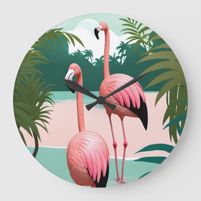 Tropical Flamingo Paradise Large Clock (Front)