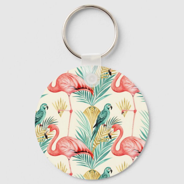 Tropical Flamingo Parrot Jungle Keychain (Front)