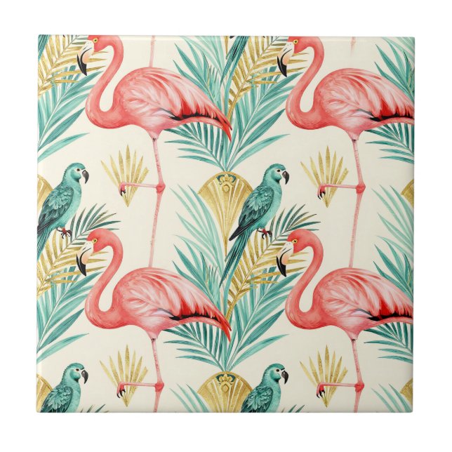 Tropical Flamingo Parrot Jungle Tile (Front)