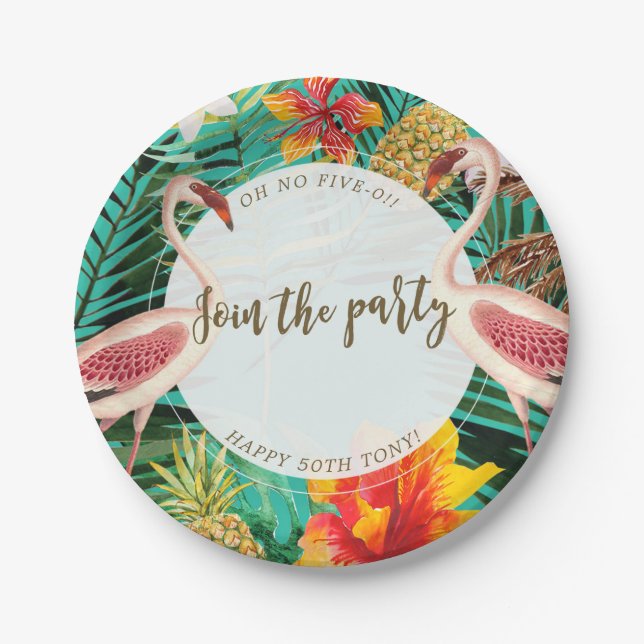 tropical flamingo party bbq plate with text (Front)