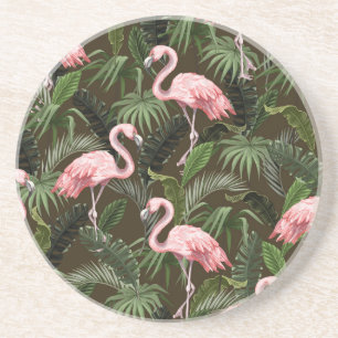 Tropical Flamingo Pattern: Vintage Leaves Coaster