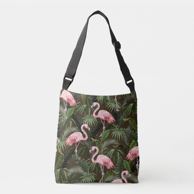 Tropical Flamingo Pattern: Vintage Leaves Crossbody Bag (Front)