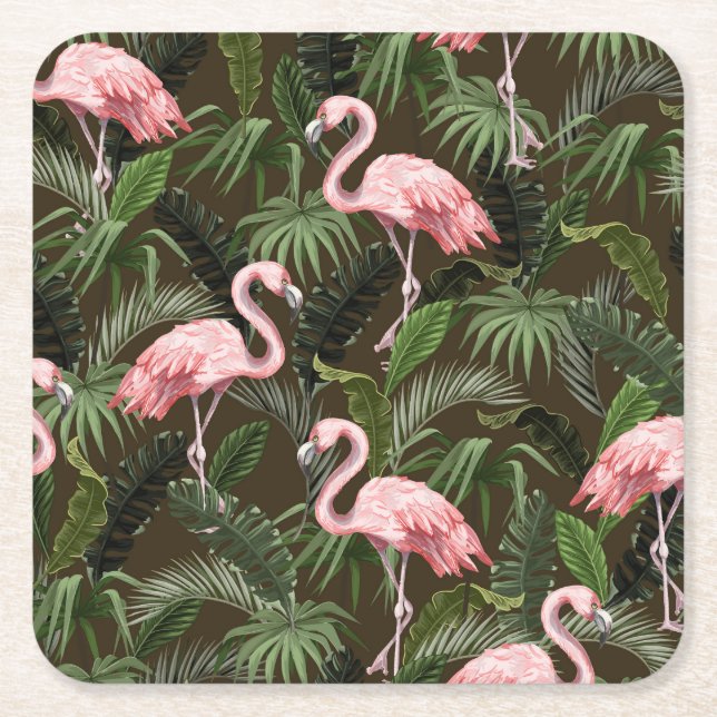 Tropical Flamingo Pattern: Vintage Leaves Square Paper Coaster (Front)