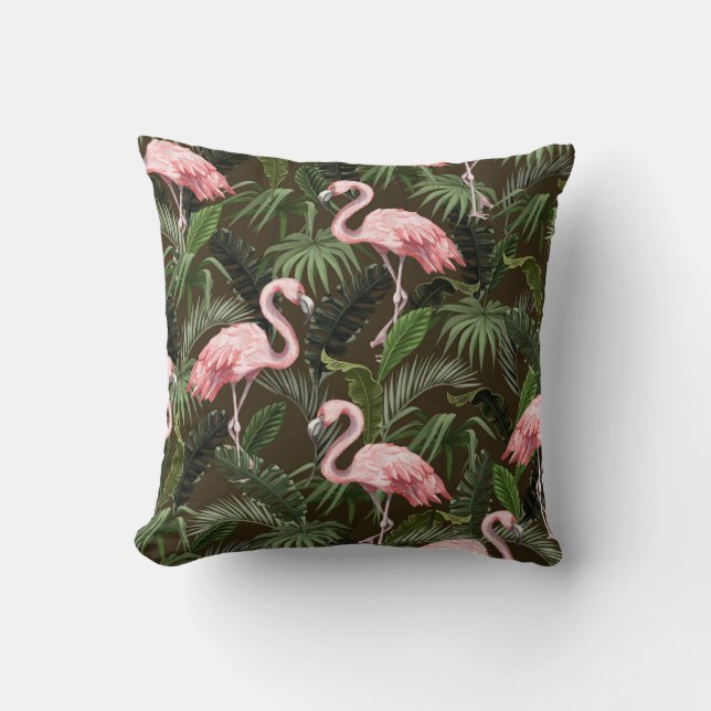 Tropical Flamingo Pattern: Vintage Leaves Throw Pillow (Front)