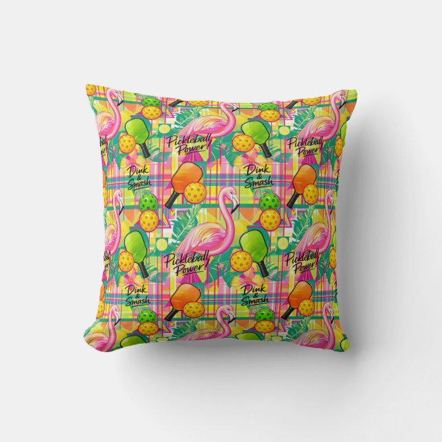 Tropical Flamingo Pickleball  Throw Pillow (Front)