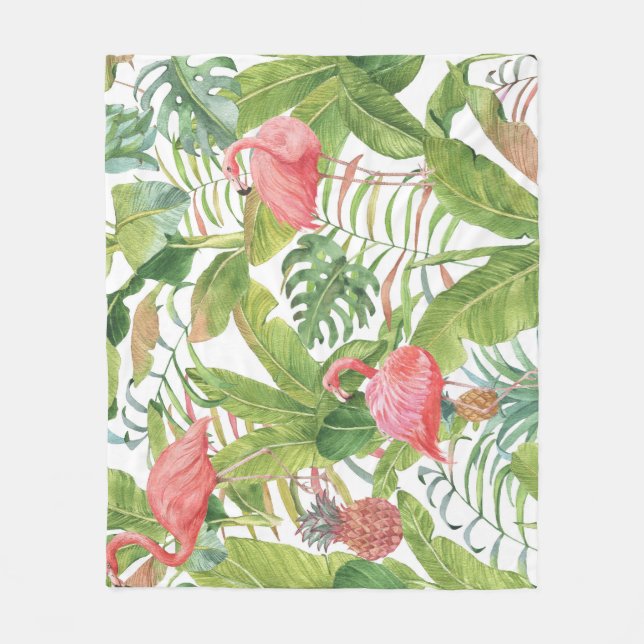 Tropical Flamingo Pineapple: Hand-Drawn Pattern Fleece Blanket (Front)
