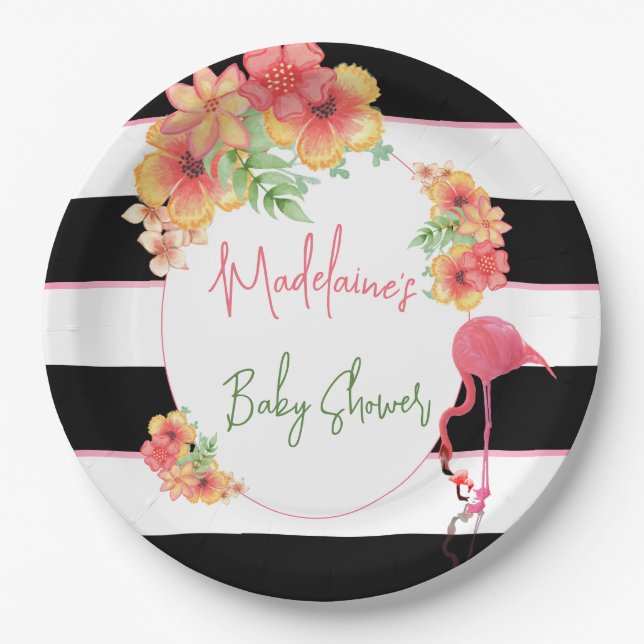 Tropical Flamingo Pink Black Stripe Baby Shower Paper Plate (Front)
